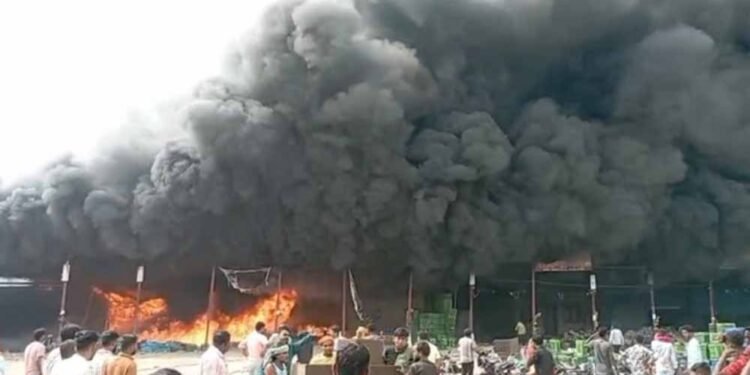 सब्जी मंडी में भीषण आग: लाखों का नुकसान, फायर ब्रिगेड की दमकल कर रही आग बुझाने के प्रयास