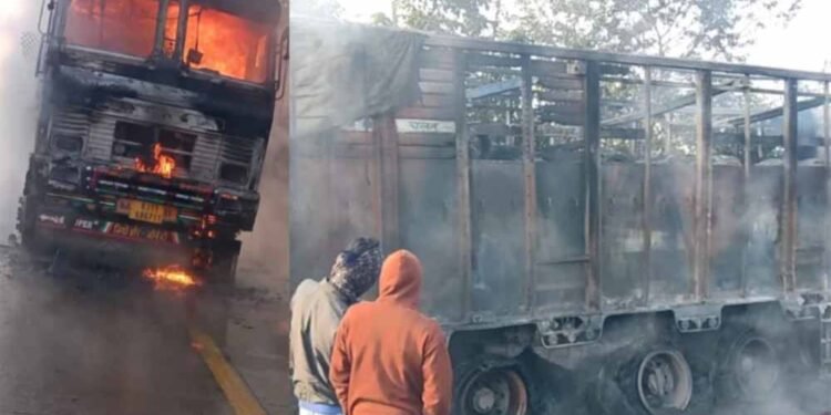 मंडला में बड़ा हादसा: अंजनिया बायपास पर ट्रक का टायर फटा, आग और धमाके से मचा हड़कंप