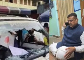 शुभेंदु अधिकारी के काफिले पर हमला कर गाड़ी पर बरसाईं लाठियां, धरने पर बैठे भाजपा नेता