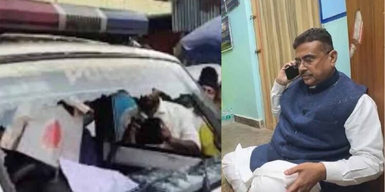 शुभेंदु अधिकारी के काफिले पर हमला कर गाड़ी पर बरसाईं लाठियां, धरने पर बैठे भाजपा नेता