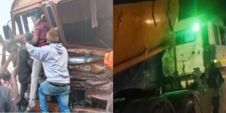 धार में ट्रक ड्राइवर ने कंटेनर को मारी टक्कर, तीन घंटे तक फंसा रहा