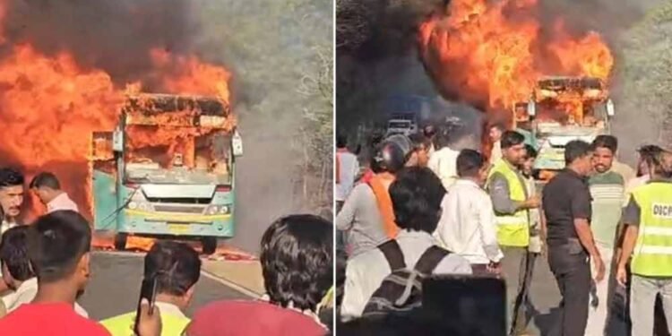 इंदौर-भोपाल हाईवे पर चलती बस में लगी भीषण आग, यात्रियों ने खिड़की से कूदकर बचाई जान