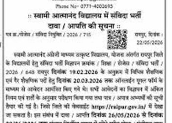 स्वामी आत्मानंद स्कूलों में निकली संविदा भर्ती, 8 जून तक करें ऑनलाइन आवेदन